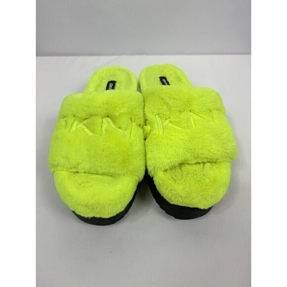 DKNY Faux Fur Platform Slides Citron Flourscent Yellow 8.5 Flatforms - Picture 9 of 9